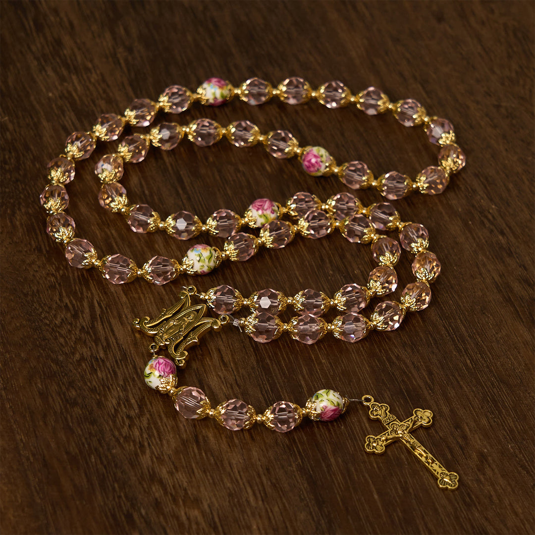 Christianartworkshop Chapelet en perles de cristal rose avec chaîne en alliage doré, crucifix et chapelet de prière à la Vierge Marie - Perles roses transparentes - image 0