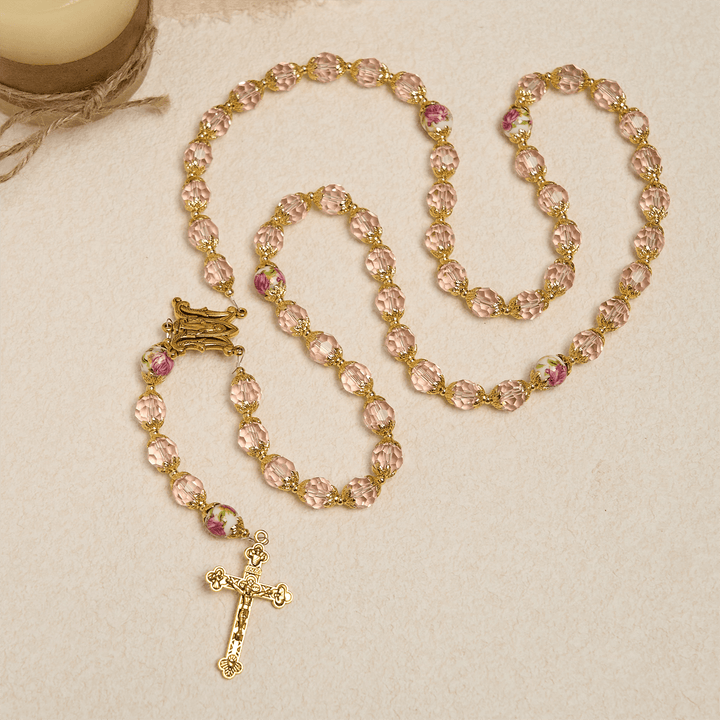 Christianartworkshop Jésus est le cadeau : Crucifix en perles de cristal rose et chapelet de la Vierge Marie avec carte cadeau - image 6