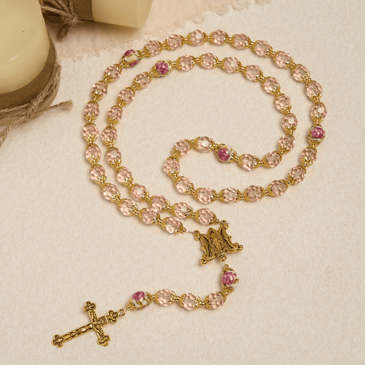 Christianartworkshop Jésus est le cadeau : Crucifix en perles de cristal rose et chapelet de la Vierge Marie avec carte cadeau - image 7