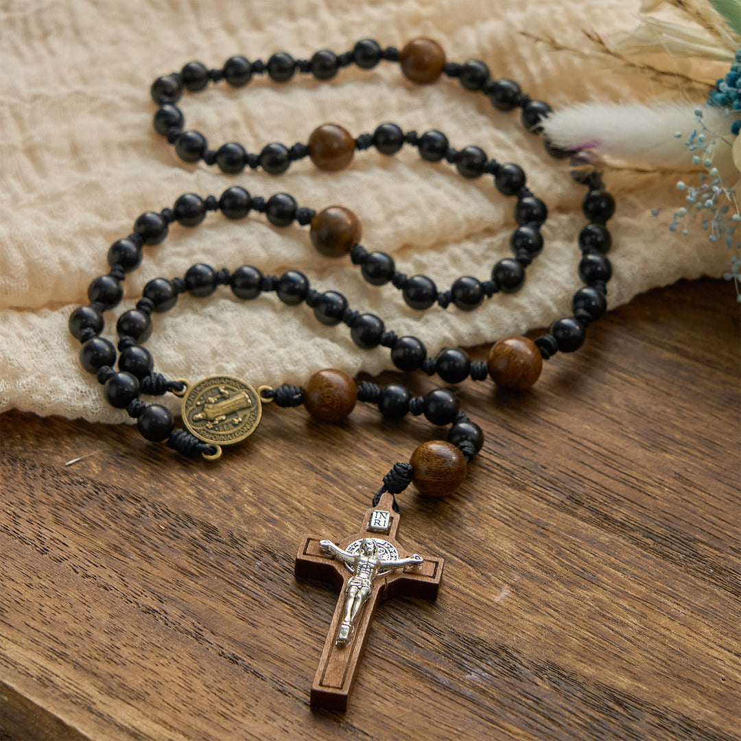 Christianartworkshop Médaille de Saint Benoît et crucifix de perles rondes en bois noir, chapelet de dévotion bénie - image 3