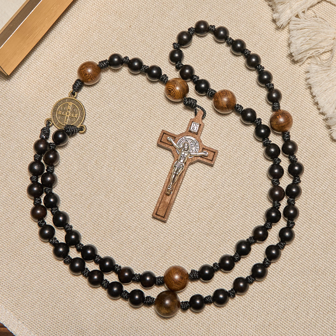 Christianartworkshop Médaille de Saint Benoît et crucifix de perles rondes en bois noir, chapelet de dévotion bénie - image 10