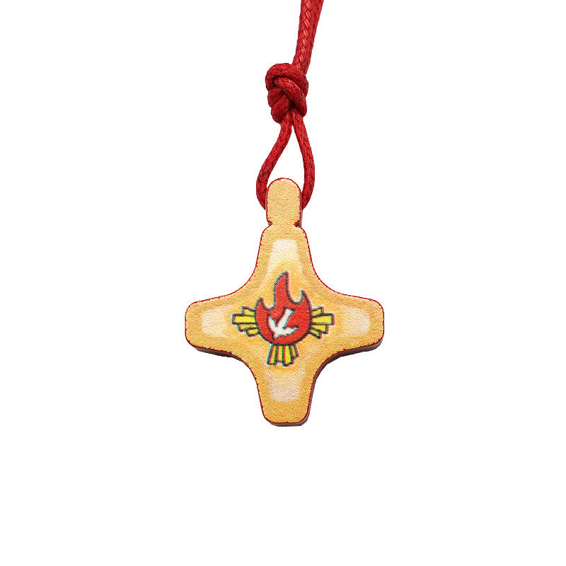 Christianartworkshop Collier pendentif croix en bois du Saint-Esprit et médaille émaillée rouge - image 4