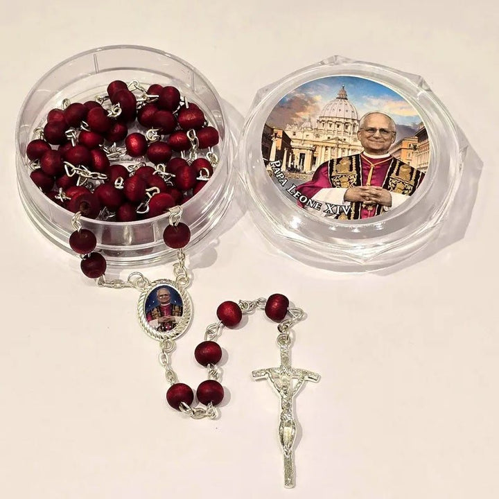 Christianartworkshop Chapelet en bois rouge commémorant le pape Léon XIV : un trésor spirituel - Rouge - image 0
