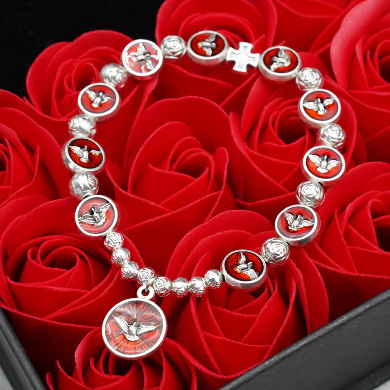 Bracelet Christianartworkshop en émail représentant le Saint-Esprit avec croix et perles roses : symbole précieux de protection divine - Saint Esprit - image 0