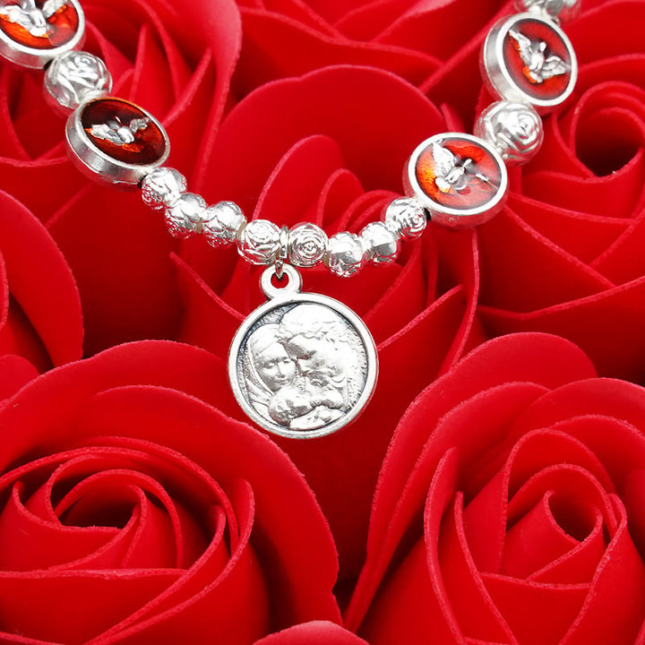 Bracelet Christianartworkshop en émail représentant le Saint-Esprit avec croix et perles roses : symbole précieux de protection divine - image 3