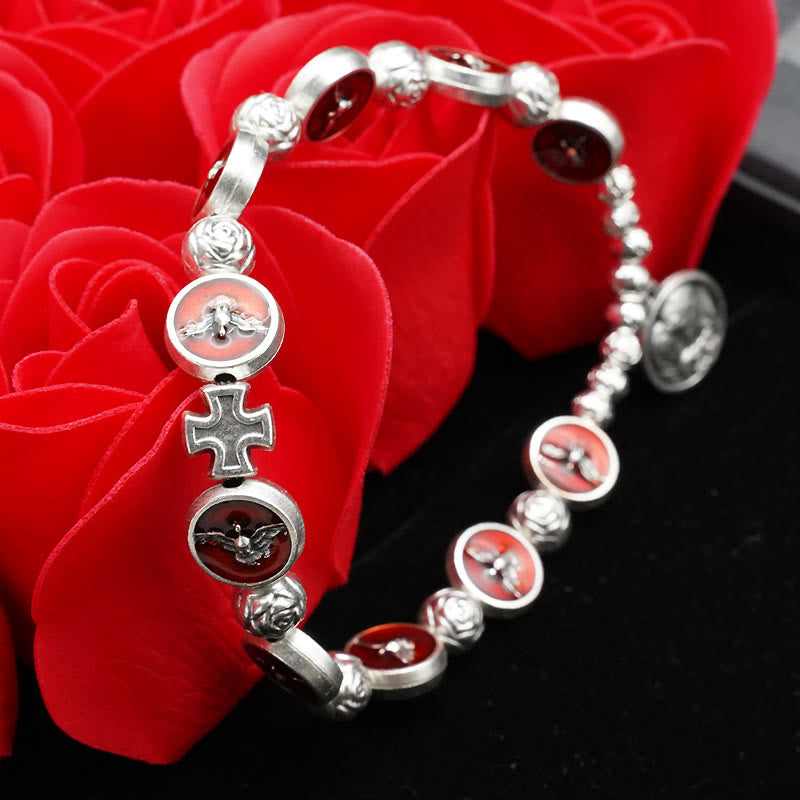 Bracelet Christianartworkshop en émail représentant le Saint-Esprit avec croix et perles roses : symbole précieux de protection divine - image 1