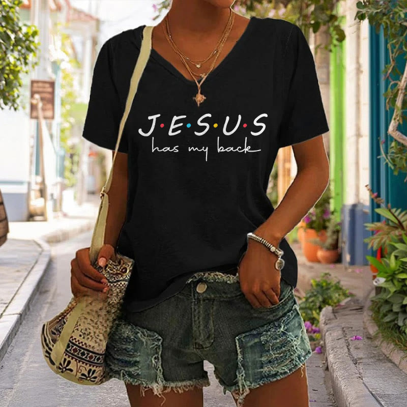 T-shirt à col en V imprimé « Jésus me soutient » pour femmes de Christianartworkshop - image 1