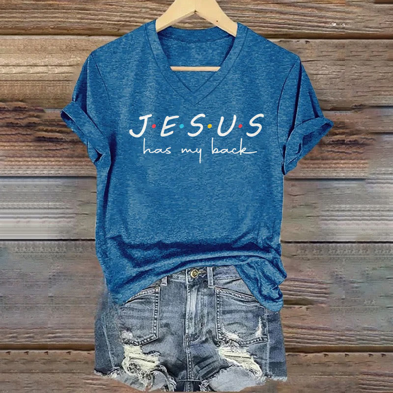 T-shirt à col en V imprimé « Jésus me soutient » pour femmes de Christianartworkshop - Bleu - 4XL - image 4