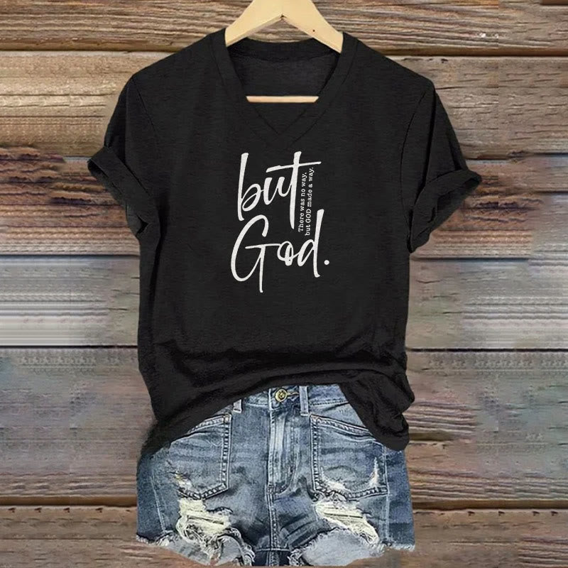 T-shirt à col en V Christianartworkshop pour femmes, imprimé d'un verset biblique « Mais Dieu ». - Noir - 4XL - image 0