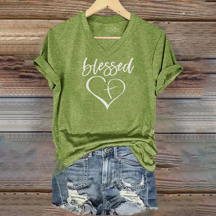 T-shirt à col en V Christianartworkshop pour femmes, imprimé Croix d'amour bénie « Jésus me protège » - Vert - 4XL - image 4