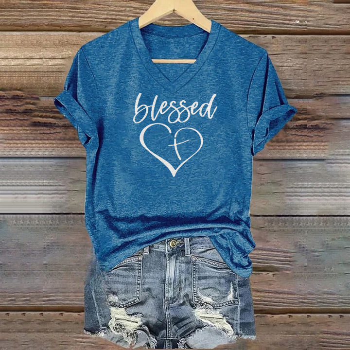 T-shirt à col en V Christianartworkshop pour femmes, imprimé Croix d'amour bénie « Jésus me protège » - Bleu - 4XL - image 6