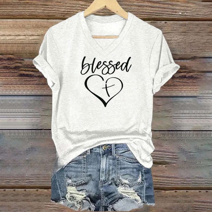 T-shirt à col en V Christianartworkshop pour femmes, imprimé Croix d'amour bénie « Jésus me protège » - Blanc - 4XL - image 0