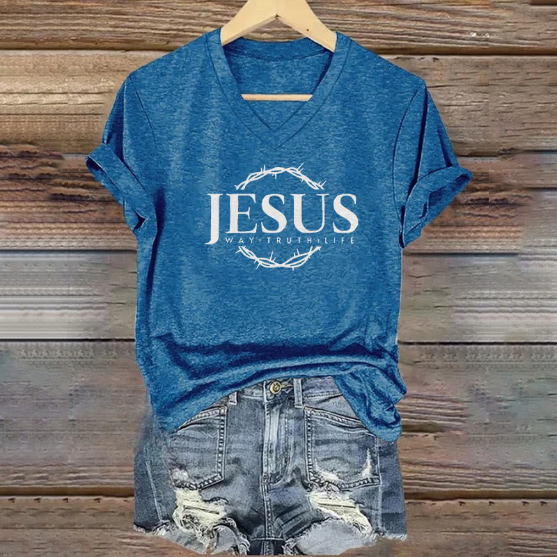 T-shirt à col en V imprimé Jésus pour femme de Christianartworkshop - Bleu - 4XL - image 4