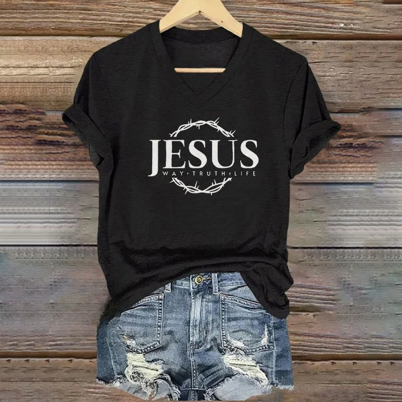 T-shirt à col en V imprimé Jésus pour femme de Christianartworkshop - Noir - 4XL - image 0