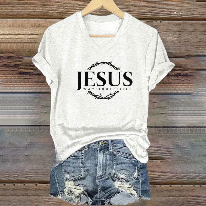 T-shirt à col en V imprimé Jésus pour femme de Christianartworkshop - Blanc - 4XL - image 2