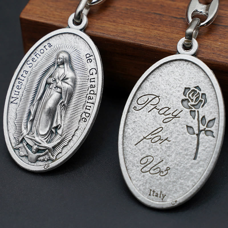 Christianartworkshop Médaille sculptée en relief de Notre-Dame de Guadalupe avec porte-clés rose de Castille - image 2