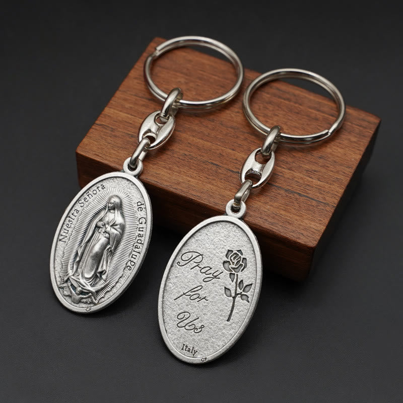 Christianartworkshop Médaille sculptée en relief de Notre-Dame de Guadalupe avec porte-clés rose de Castille - Notre-Dame de Guadalupe - image 0