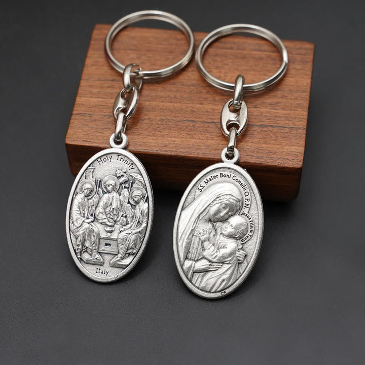 Christianartworkshop Porte-clés élégant en alliage oxydé représentant la Sainte Trinité et Mère du Bon Conseil : un symbole de l'amour divin - image 3