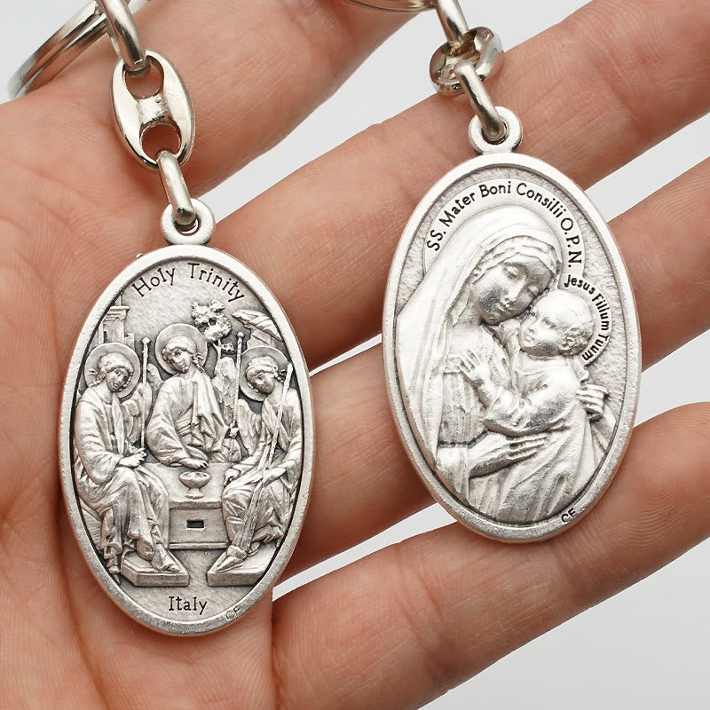 Christianartworkshop Porte-clés élégant en alliage oxydé représentant la Sainte Trinité et Mère du Bon Conseil : un symbole de l'amour divin - image 1