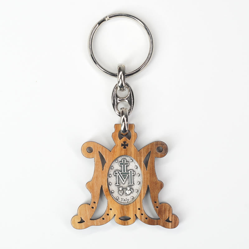 Christianartworkshop Médaille miraculeuse en bois d'olivier de qualité supérieure et porte-clés Vierge Marie émaillé : souvenir de la dévotion à Marie - image 5