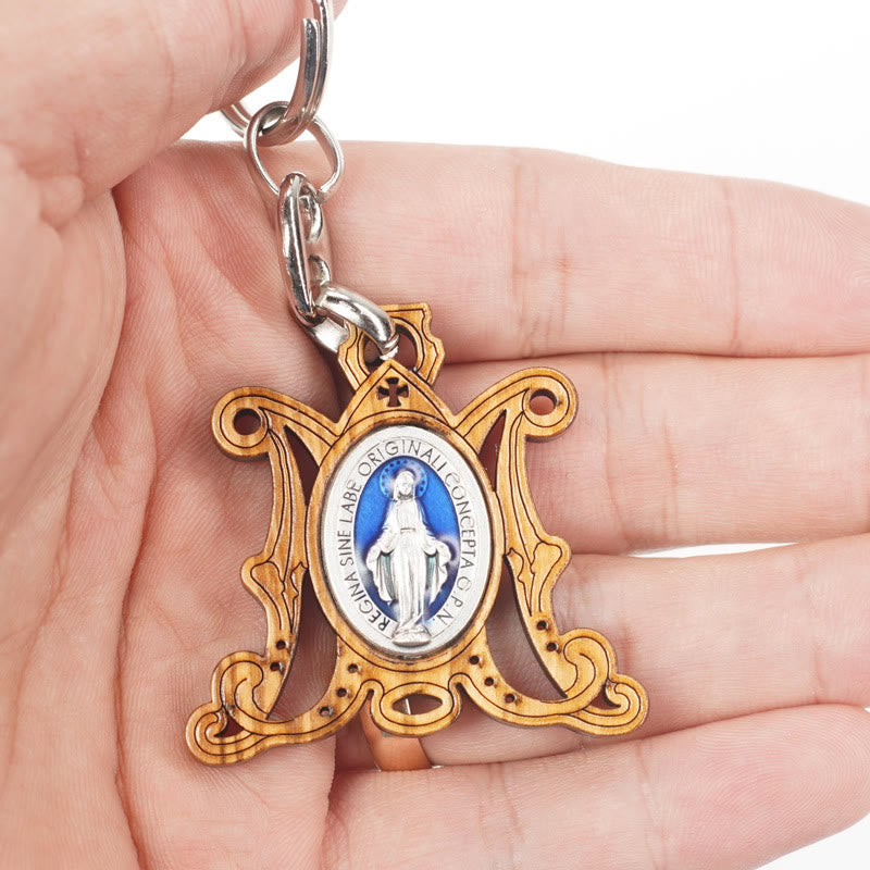 Christianartworkshop Médaille miraculeuse en bois d'olivier de qualité supérieure et porte-clés Vierge Marie émaillé : souvenir de la dévotion à Marie - image 2