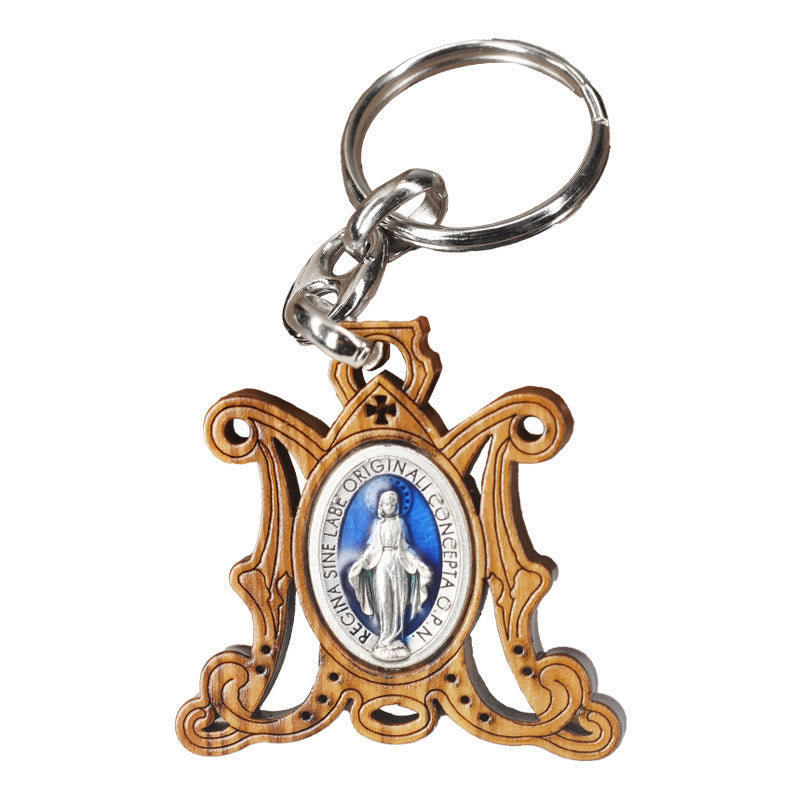 Christianartworkshop Médaille miraculeuse en bois d'olivier de qualité supérieure et porte-clés Vierge Marie émaillé : souvenir de la dévotion à Marie - image 4