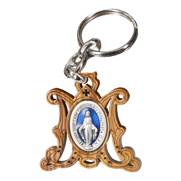 Christianartworkshop Médaille miraculeuse en bois d'olivier de qualité supérieure et porte-clés Vierge Marie émaillé : souvenir de la dévotion à Marie - image 4