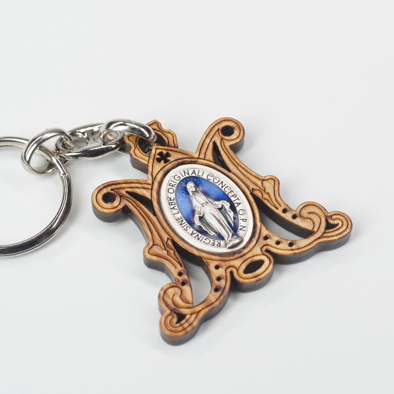 Christianartworkshop Médaille miraculeuse en bois d'olivier de qualité supérieure et porte-clés Vierge Marie émaillé : souvenir de la dévotion à Marie - image 1