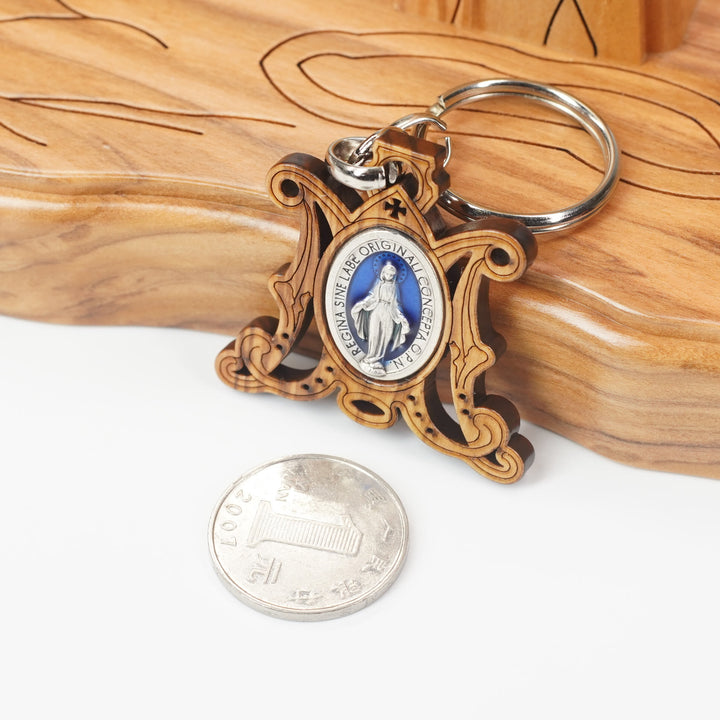 Christianartworkshop Médaille miraculeuse en bois d'olivier de qualité supérieure et porte-clés Vierge Marie émaillé : souvenir de la dévotion à Marie - image 3
