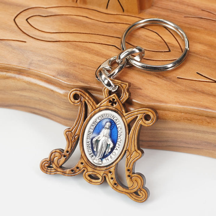 Christianartworkshop Médaille miraculeuse en bois d'olivier de qualité supérieure et porte-clés Vierge Marie émaillé : souvenir de la dévotion à Marie - Médaille Miraculeuse - image 0