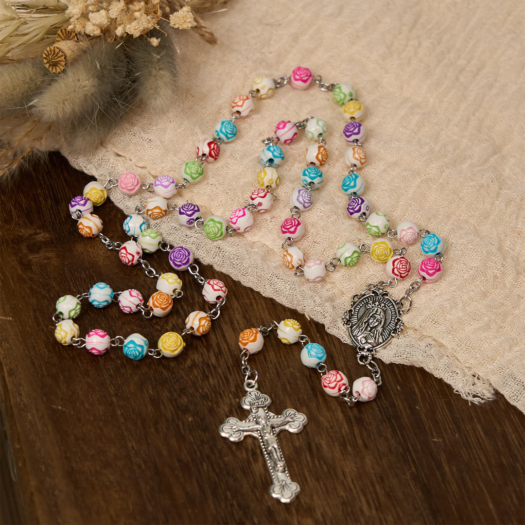 Christianartworkshop Chapelet de perles roses multicolores avec médaille de la Vierge Marie et crucifix : Palette sacrée de l'amour - Multicolore - image 0