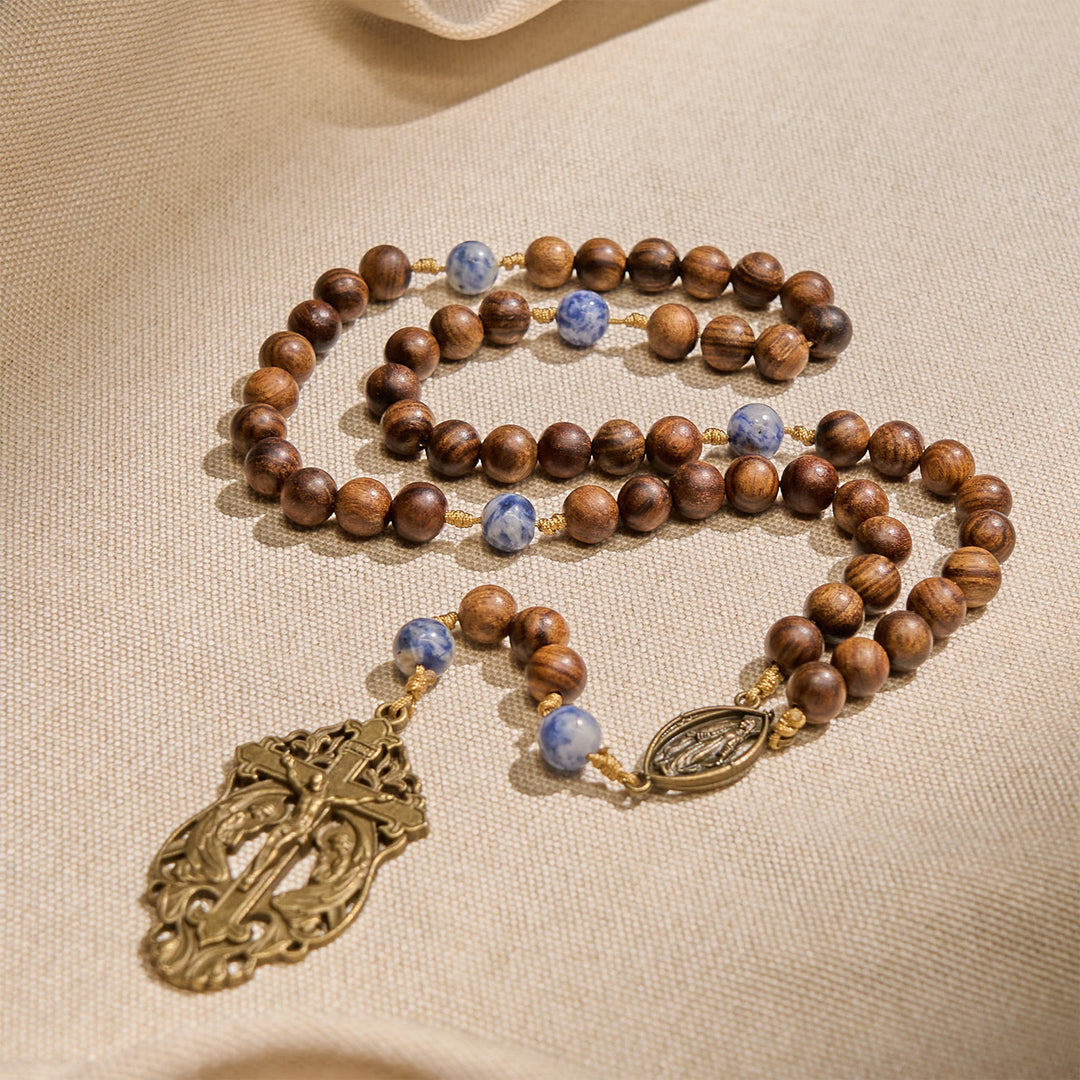 Christianartworkshop Chapelet de la Vierge Marie et crucifix en bois et céramique, dévotion bénie - Bois - image 0