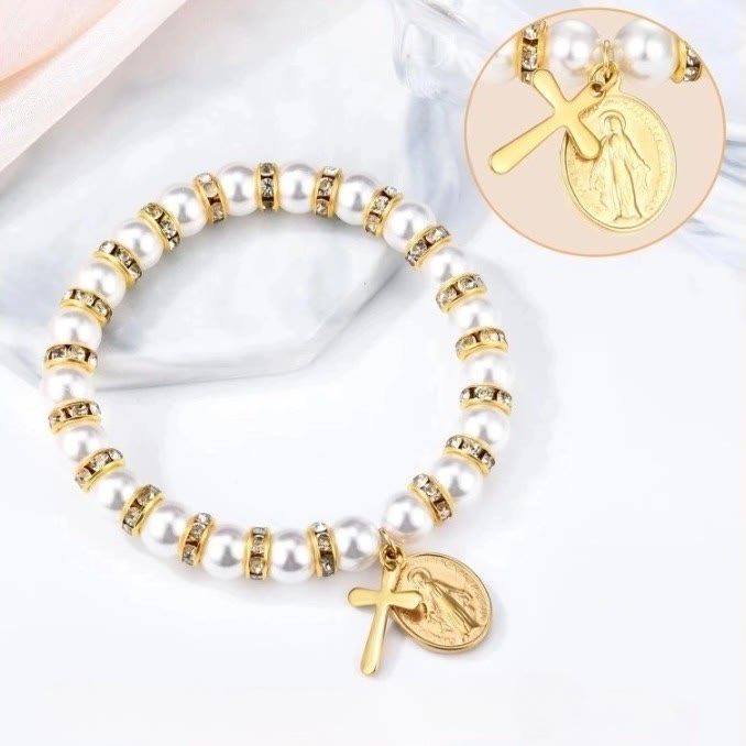 Bracelet de perles moderne Christianartworkshop avec médaille miraculeuse dorée et carte de bénédiction : Communion opulente - image 3
