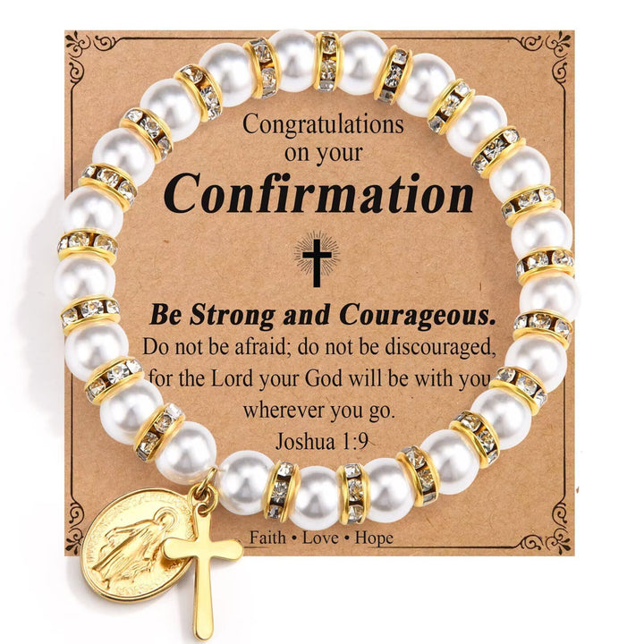Bracelet de perles moderne Christianartworkshop avec médaille miraculeuse dorée et carte de bénédiction : Communion opulente - Confirmation - image 0
