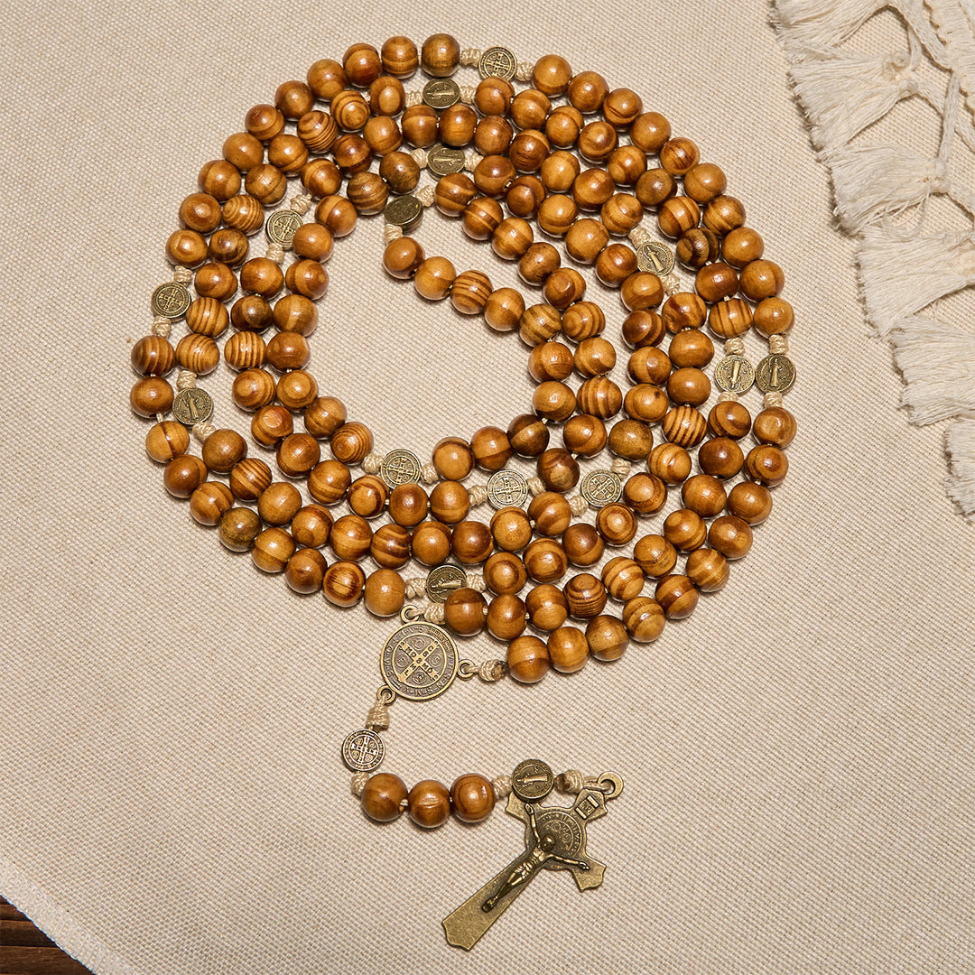 Christianartworkshop Chapelet en bois d'olivier à 15/20 dizaines avec motif de saint Benoît, crucifix et chaîne de taille — Dévotion divine à double usage - 15e décennie - Caramel - image 0