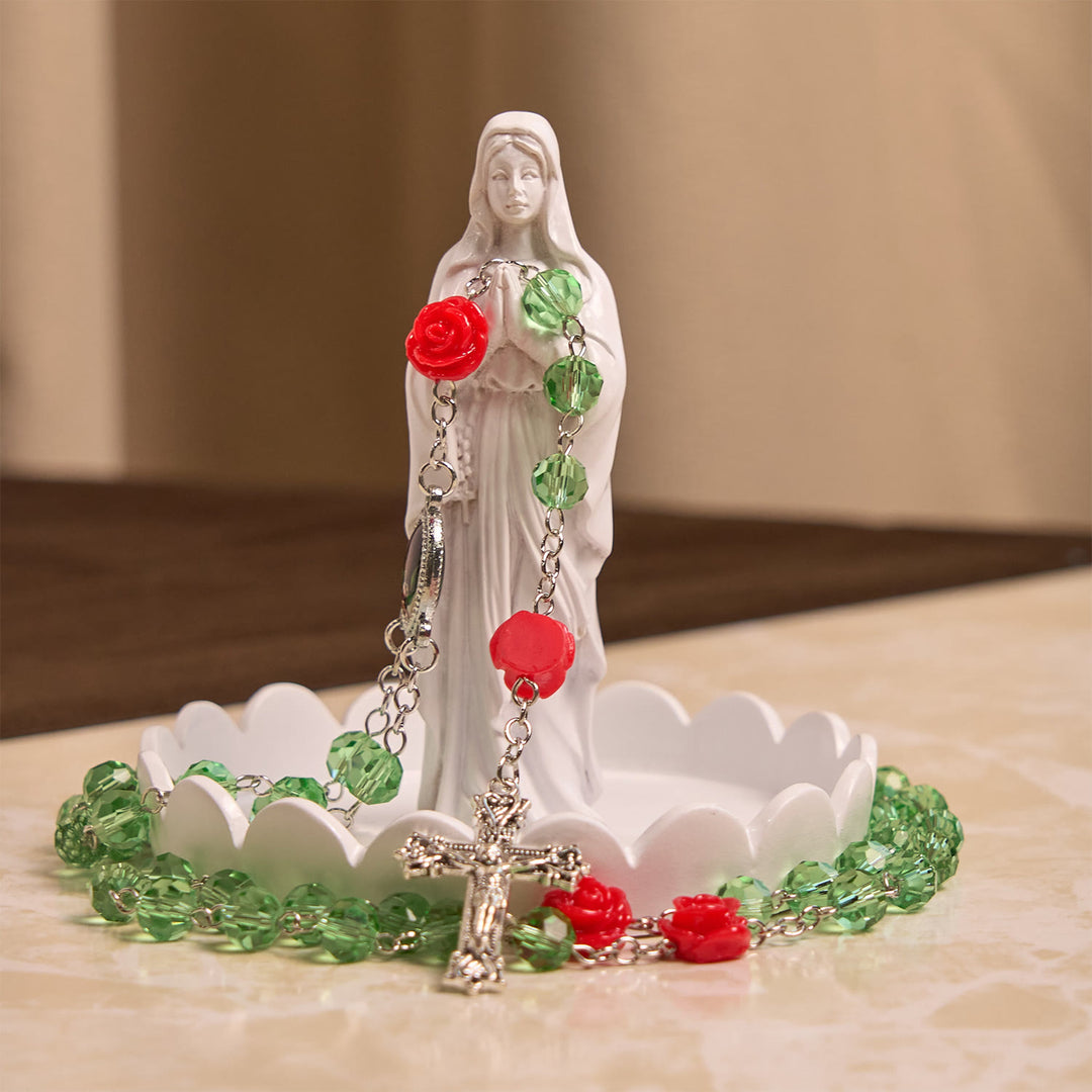Christianartworkshop Chapelet artisanal en perles de cristal à motif floral et crucifix avec médaille de la Vierge Marie : Élégance et floraison de la grâce - image 4