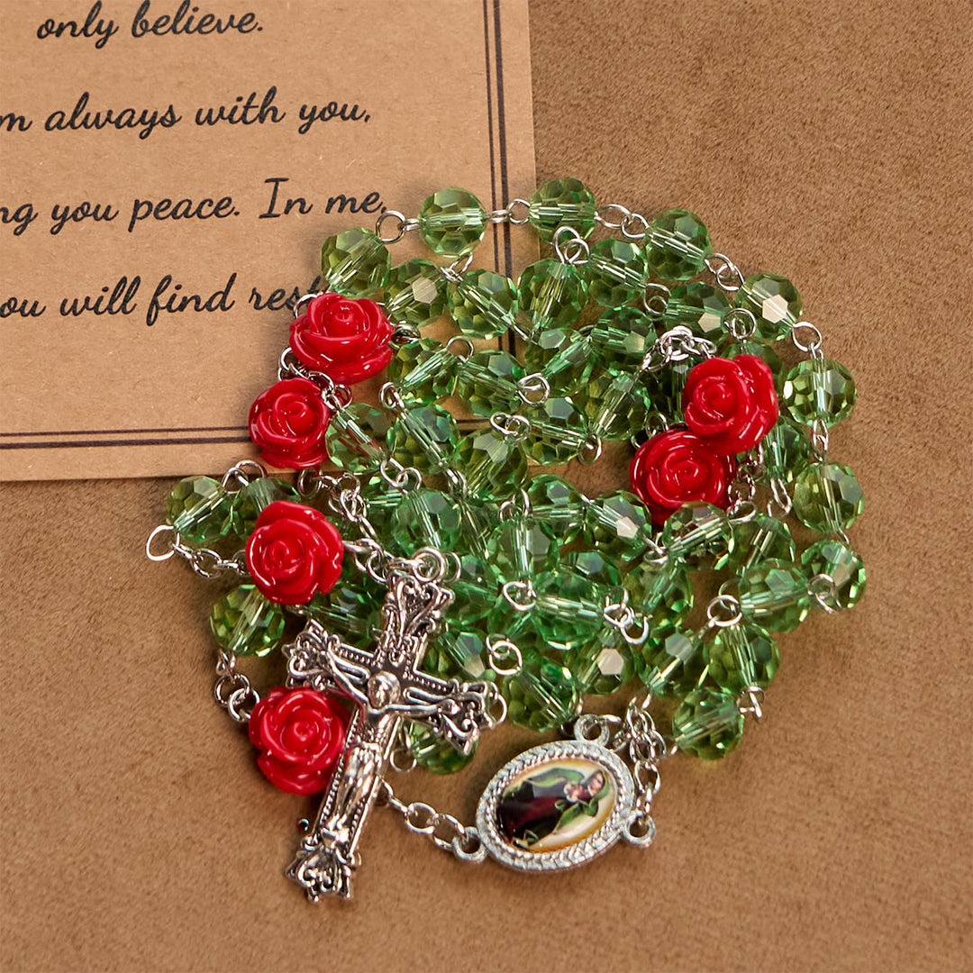 Christianartworkshop Chapelet artisanal en perles de cristal à motif floral et crucifix avec médaille de la Vierge Marie : Élégance et floraison de la grâce - image 7