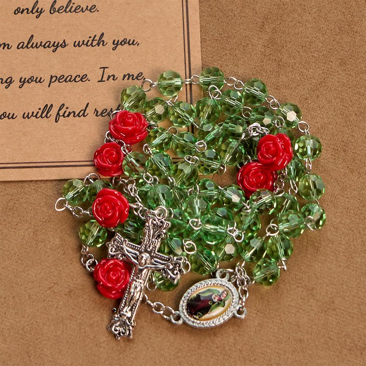 Christianartworkshop Chapelet artisanal en perles de cristal à motif floral et crucifix avec médaille de la Vierge Marie : Élégance et floraison de la grâce - image 7