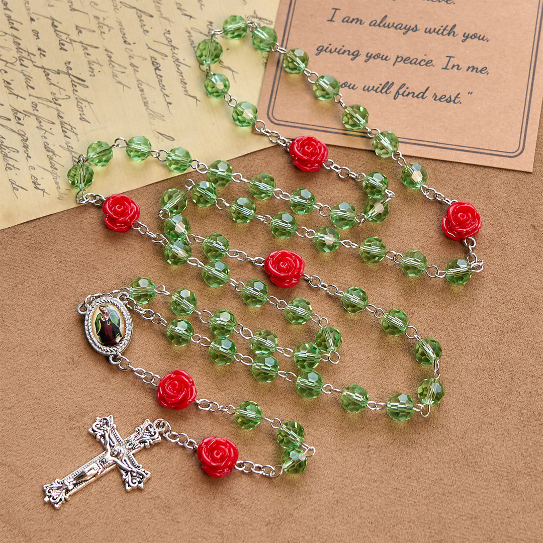 Christianartworkshop Chapelet artisanal en perles de cristal à motif floral et crucifix avec médaille de la Vierge Marie : Élégance et floraison de la grâce - image 2