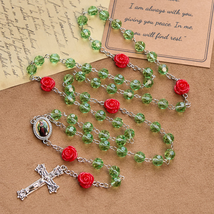 Christianartworkshop Chapelet artisanal en perles de cristal à motif floral et crucifix avec médaille de la Vierge Marie : Élégance et floraison de la grâce - image 2