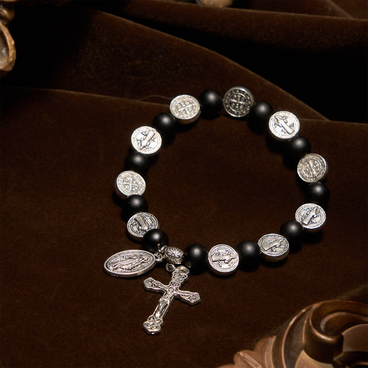 Bracelet en agate noire naturelle avec médaille de saint Benoît et pendentif de la Vierge Marie, collection Divine Faith Artistry, Christianartworkshop - image 2