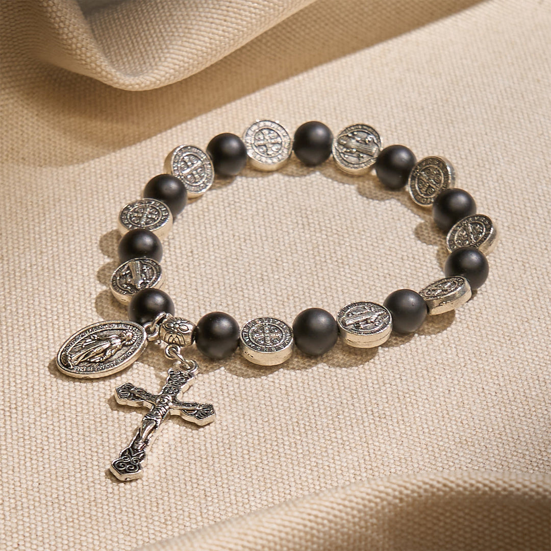 Bracelet en agate noire naturelle avec médaille de saint Benoît et pendentif de la Vierge Marie, collection Divine Faith Artistry, Christianartworkshop - image 1