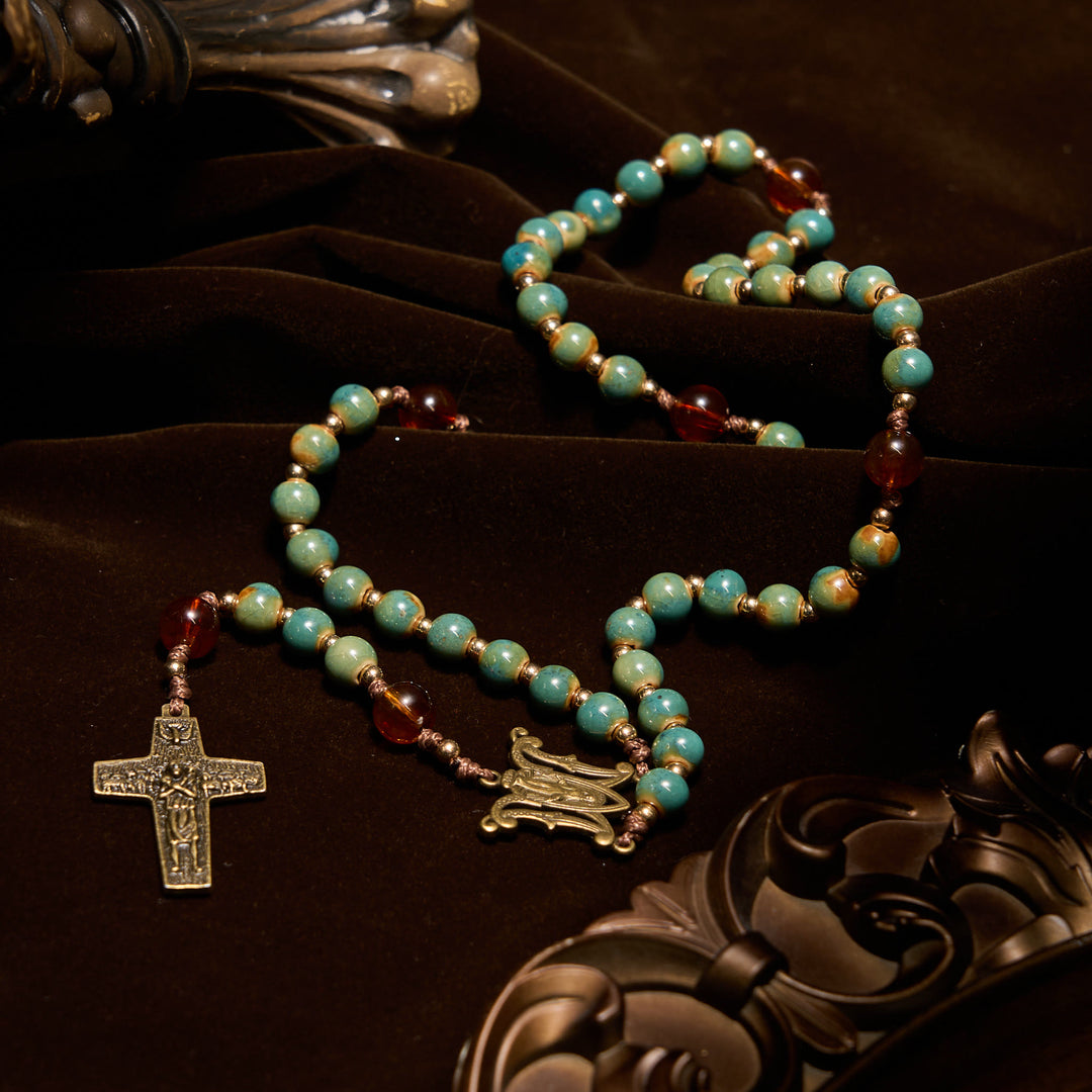 Christianartworkshop Chapelet en céramique verte fait main avec médaille miraculeuse et perles d'ambre : Ressentez la grâce et la foi - image 5