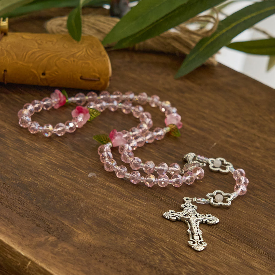 Christianartworkshop Chapelet élégant en cristal rose avec perles roses en 3D, médaille calice en argent et crucifix : Embrassez la grâce divine - image 3