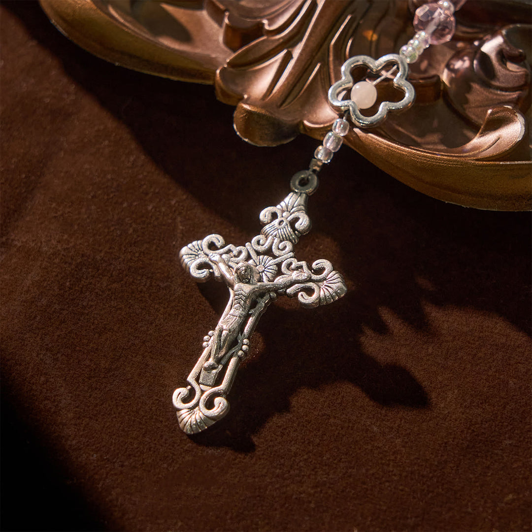 Christianartworkshop Chapelet élégant en cristal rose avec perles roses en 3D, médaille calice en argent et crucifix : Embrassez la grâce divine - image 6