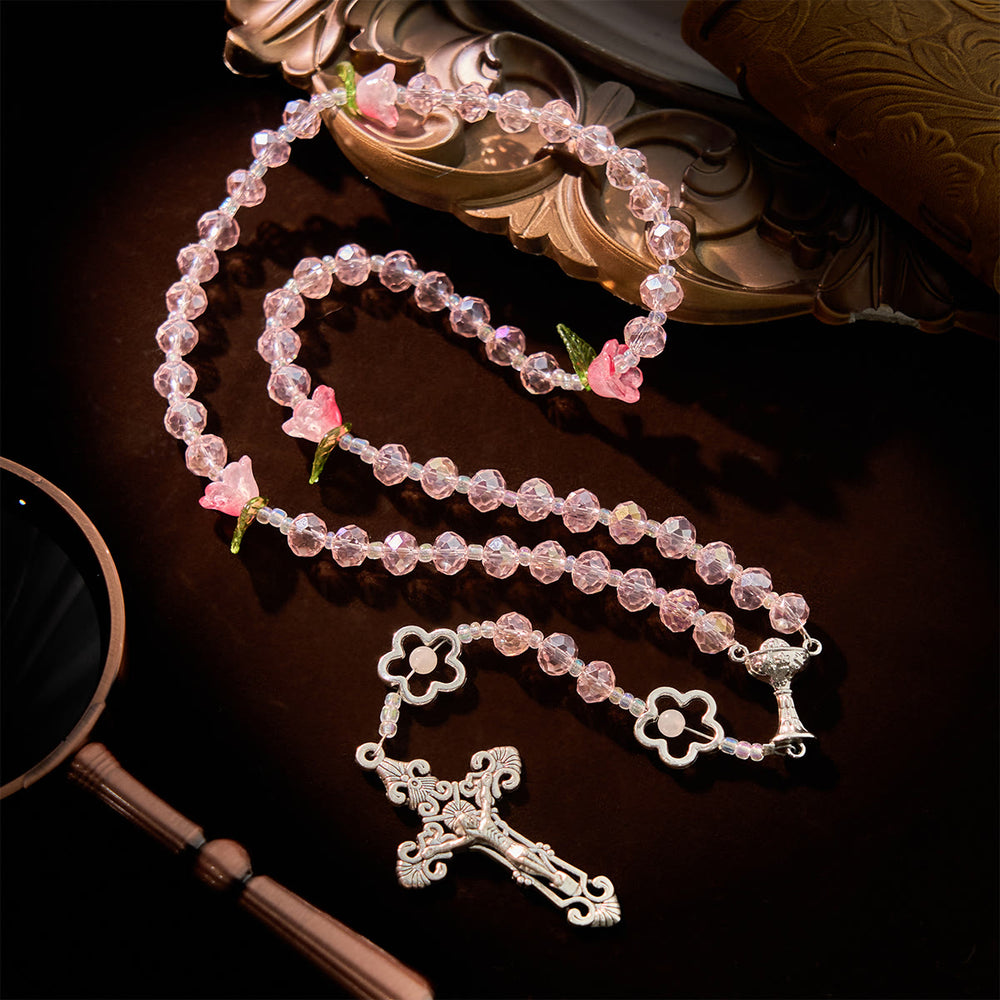 Christianartworkshop Chapelet élégant en cristal rose avec perles roses en 3D, médaille calice en argent et crucifix : Embrassez la grâce divine - image 1