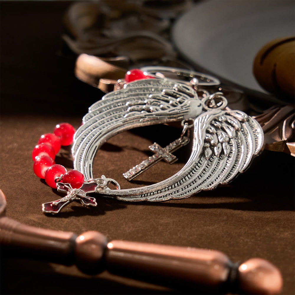 Christianartworkshop Porte-clés et chapelet de poche en agate rouge double usage, orné d'une aile d'ange argentée : portez la protection divine. - image 1