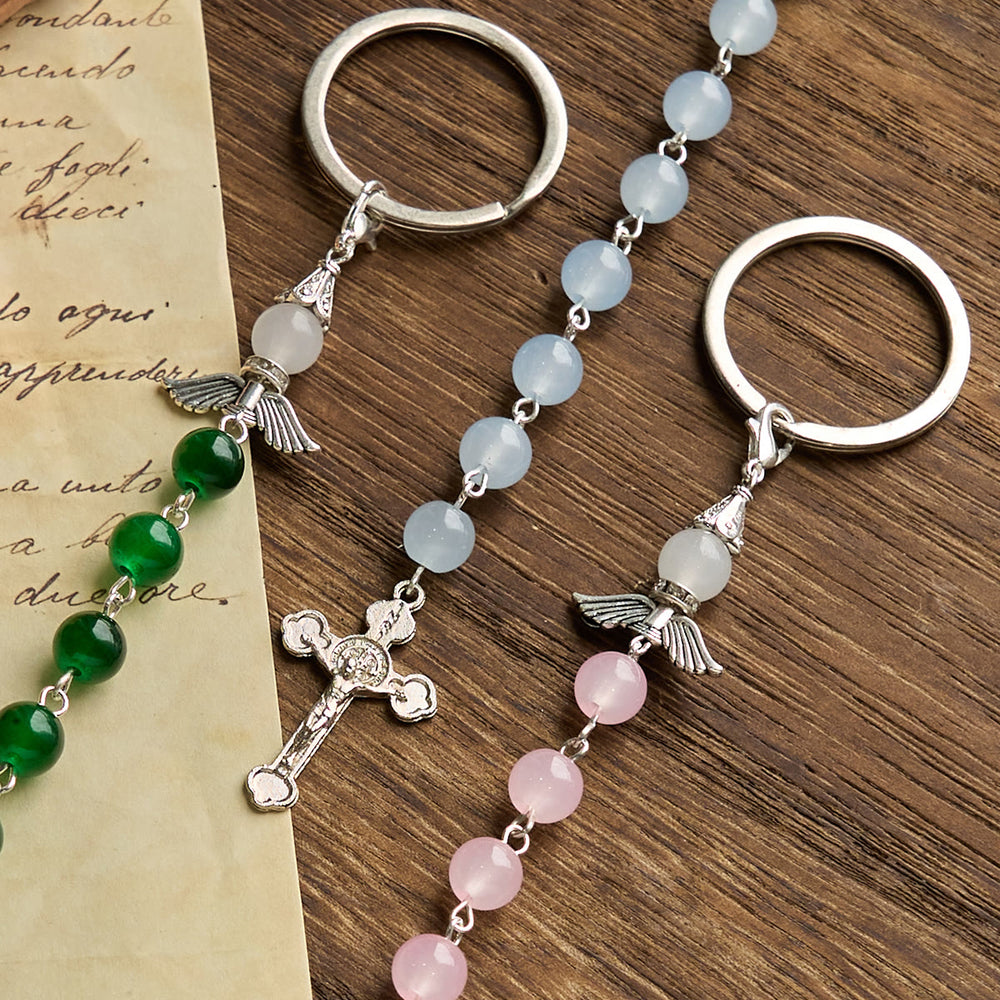 Christianartworkshop Porte-clés multifonctionnel tricolore et chapelet de poche orné d'une pierre précieuse et d'une aile d'ange - image 1