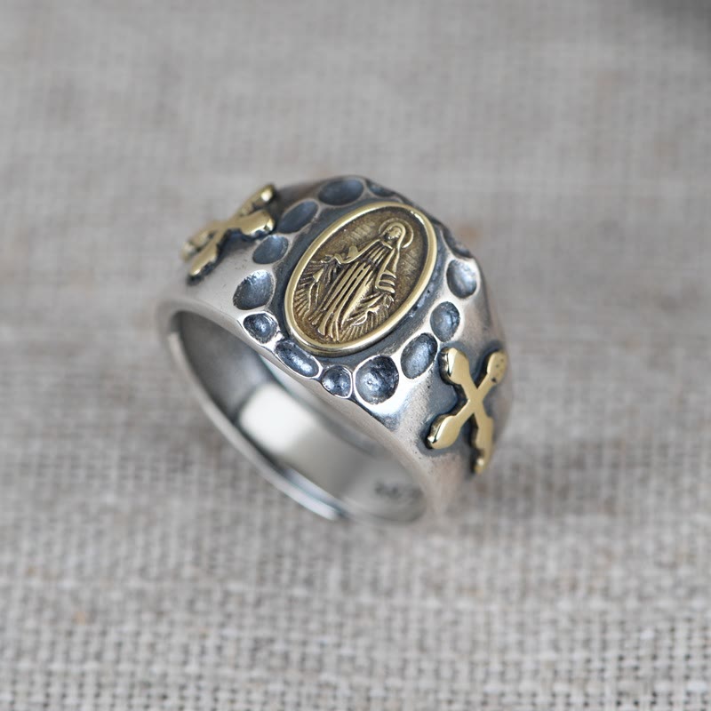 Bague religieuse Christianartworkshop en argent sterling 925, style rétro, avec insigne de bénédiction de la Vierge Marie - Convient aux pointures américaines 10,5 à 11,5 - image 0