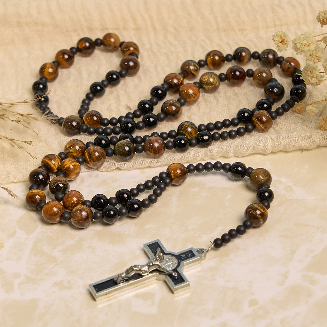 Christianartworkshop Chapelet en perles d'œil de tigre de 10 mm avec crucifix en émail noir : Embrassez la sacralité de la nature - image 5
